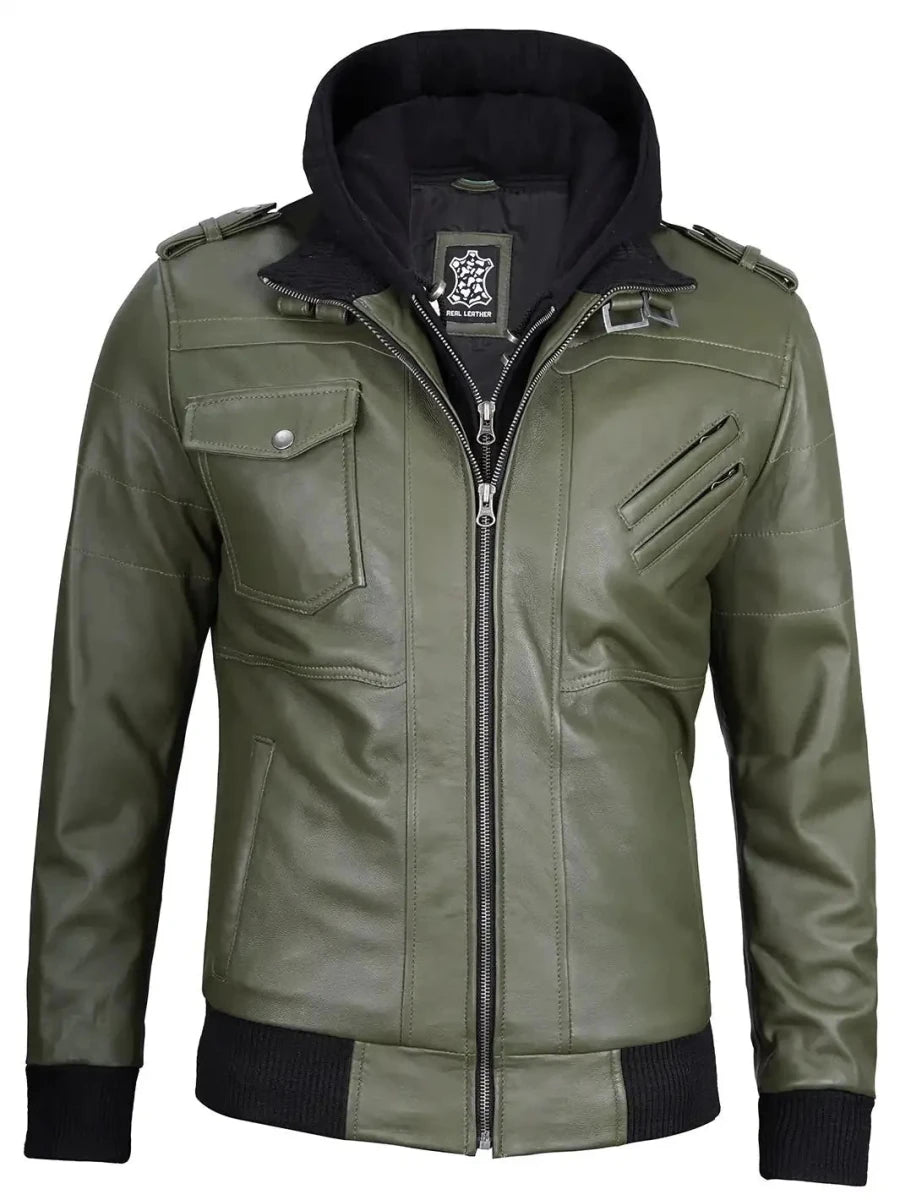 Men's Military Green Leather Jacket with Removable Hood - Vox Leather
