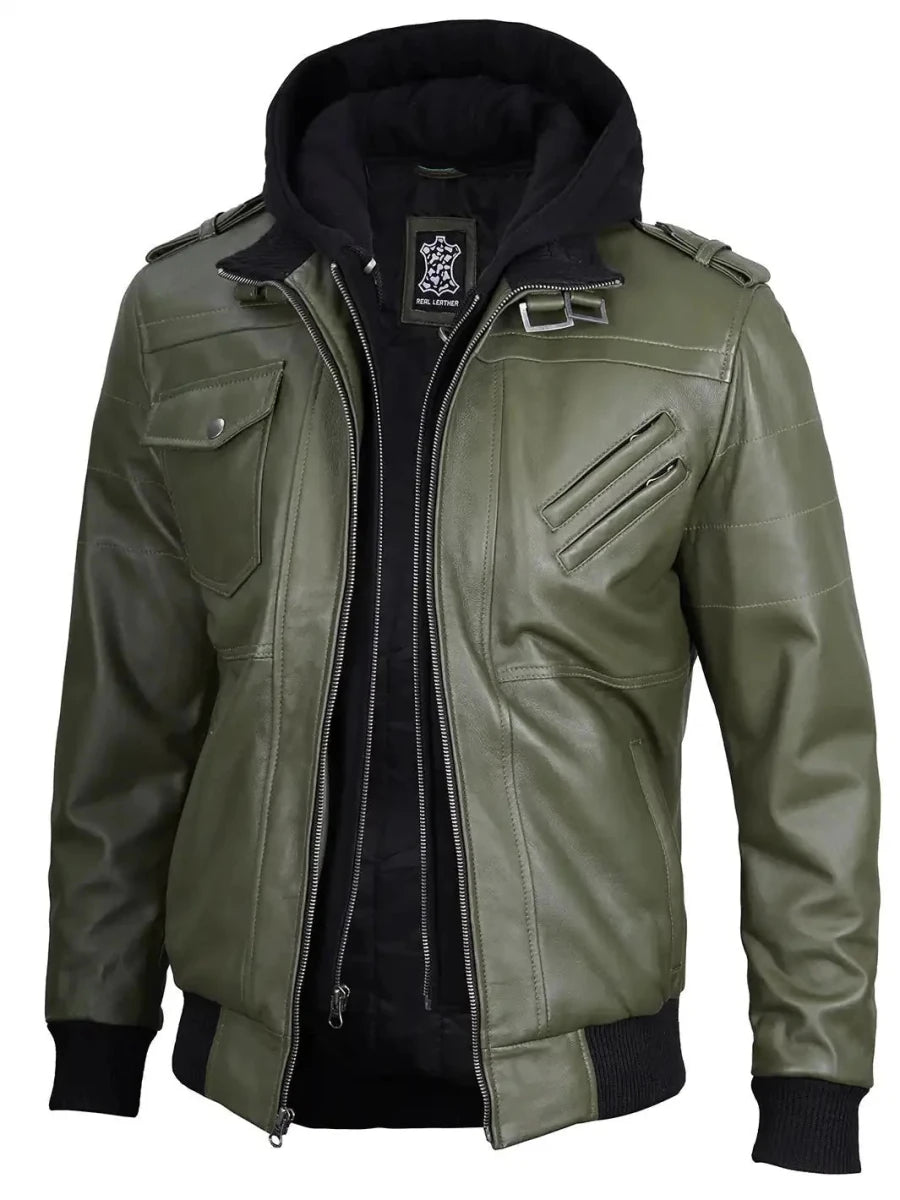 Men's Military Green Leather Jacket with Removable Hood - Vox Leather
