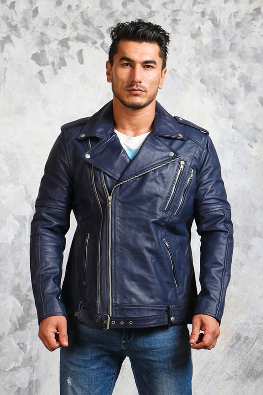 Men's Motorcycle Blue Leather Jacket - Rare Leather