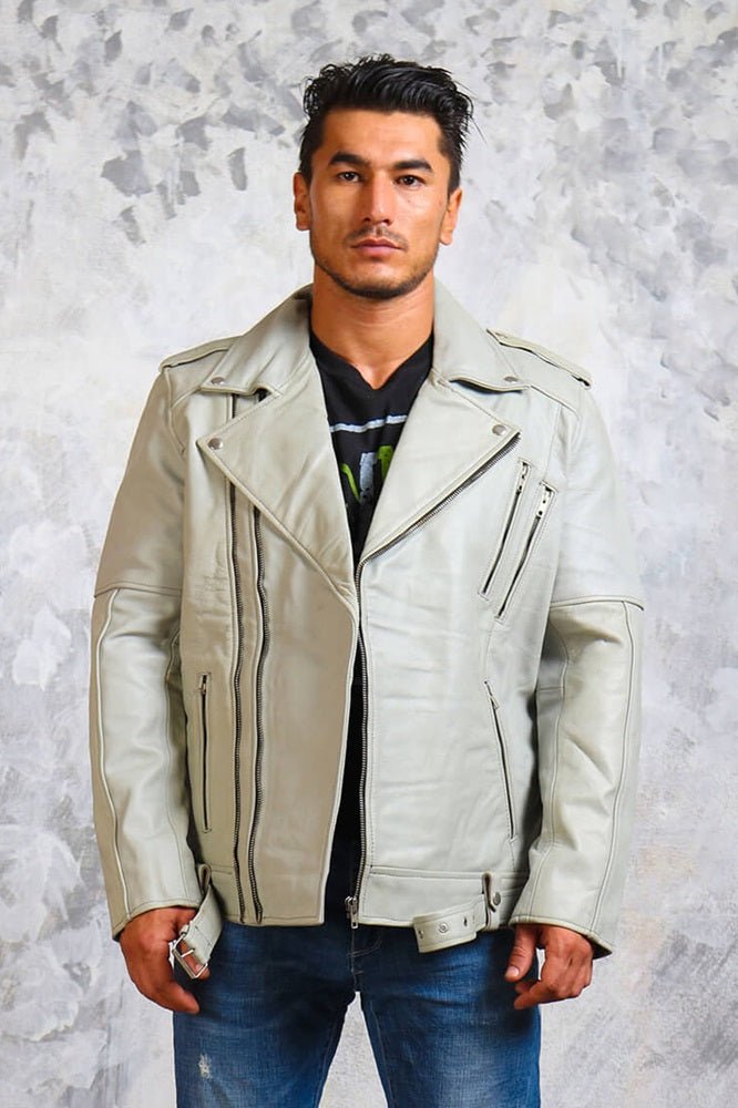 Men's Motorcycle White Leather Jacket - Rare Leather