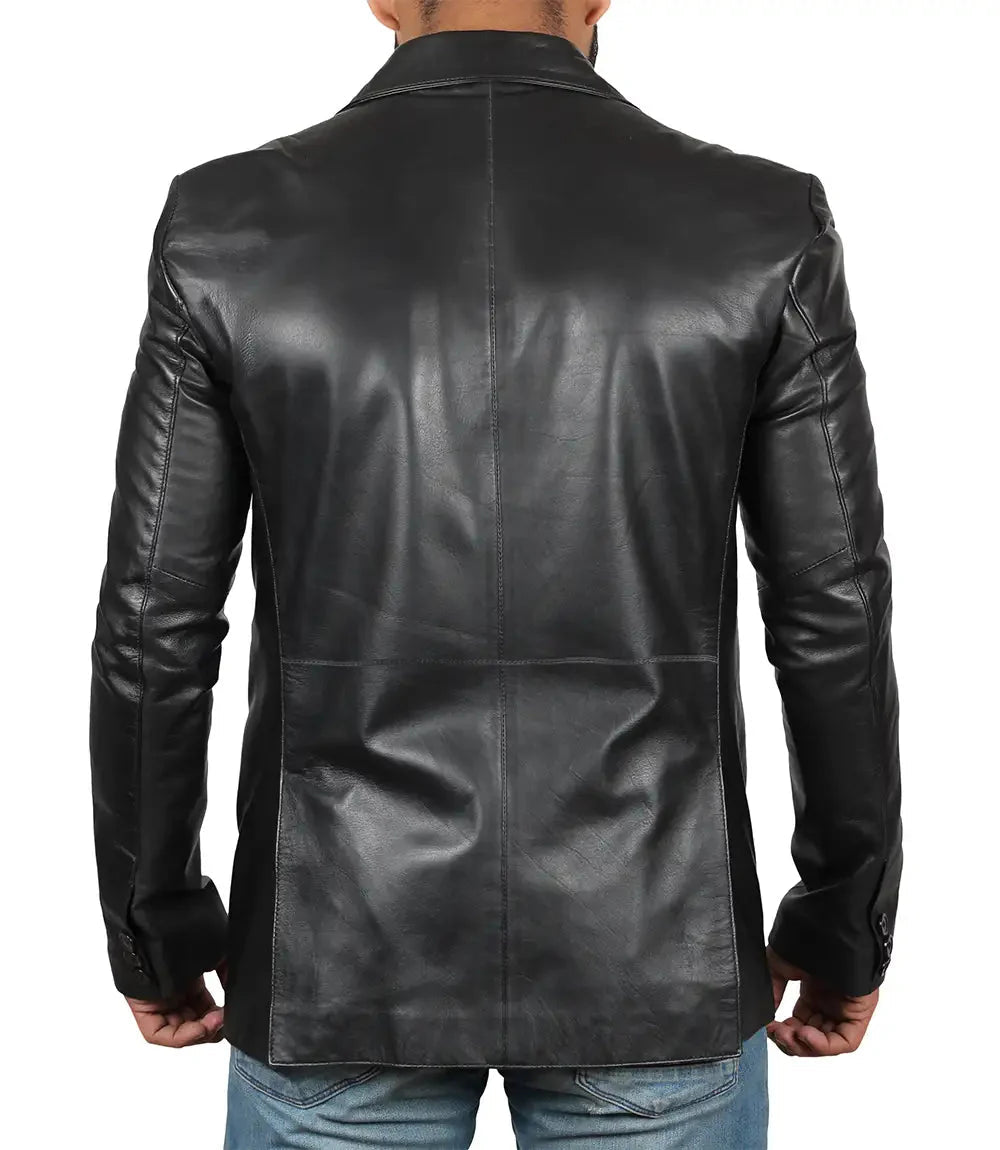 Mens Notch Lapel Two Button Black Leather Blazer - Vox Leather