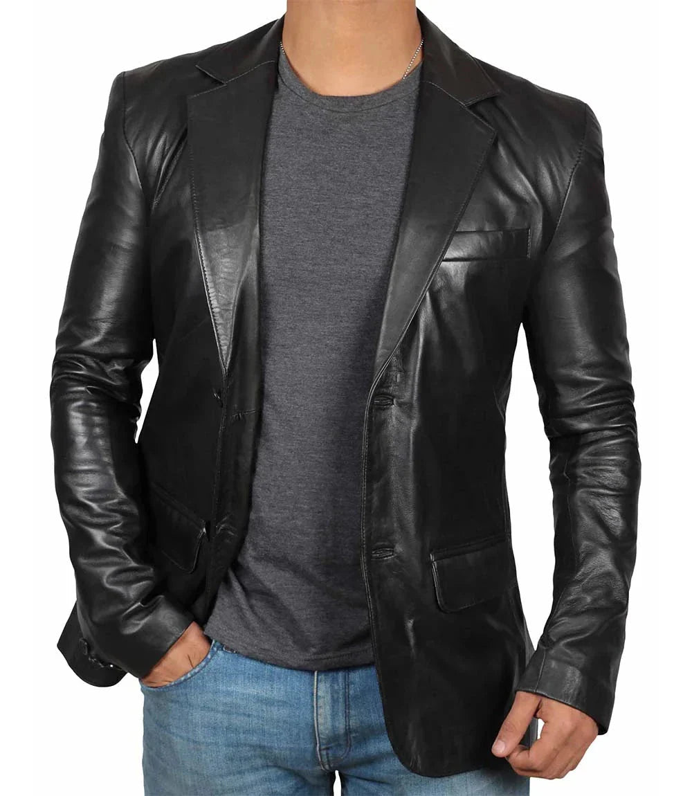 Mens Notch Lapel Two Button Black Leather Blazer - Vox Leather