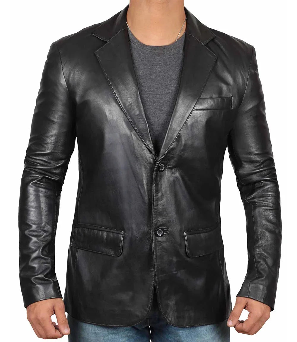 Mens Notch Lapel Two Button Black Leather Blazer - Vox Leather