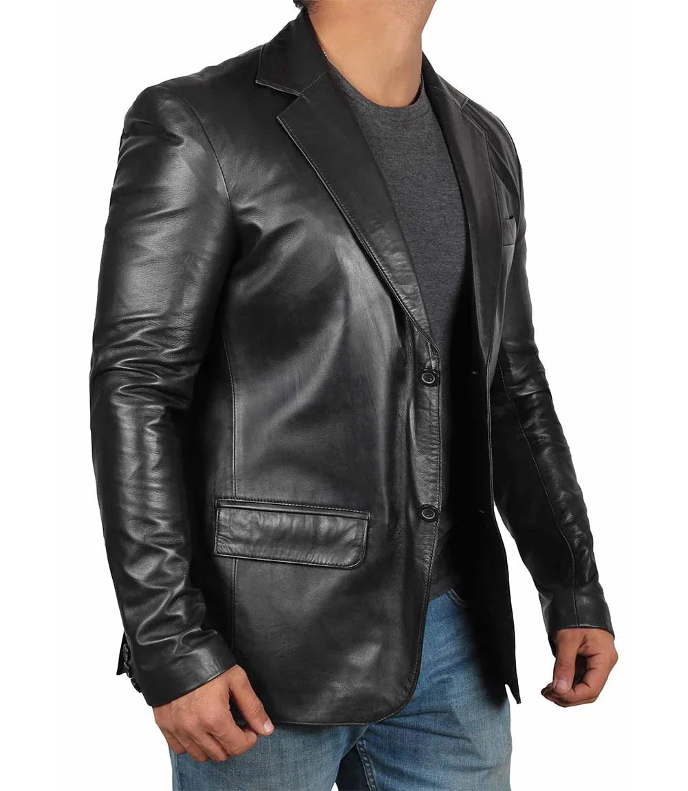 Mens Notch Lapel Two Button Black Leather Blazer - Vox Leather