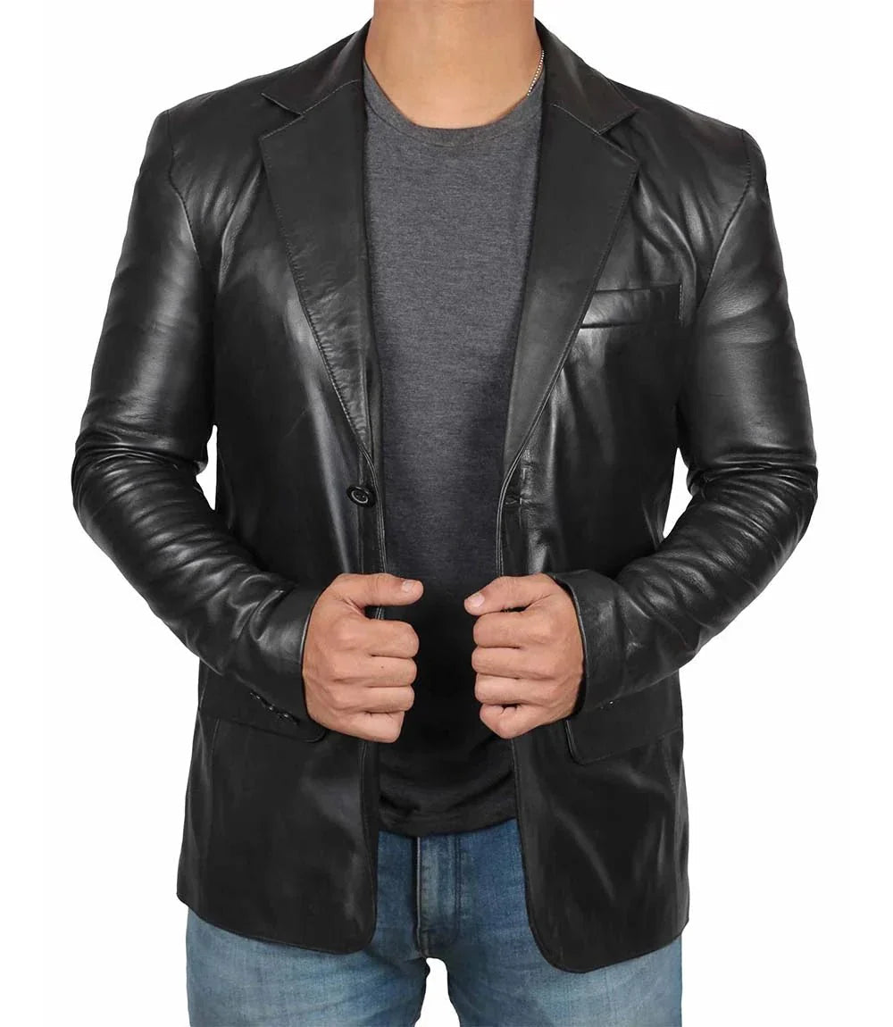 Mens Notch Lapel Two Button Black Leather Blazer - Vox Leather