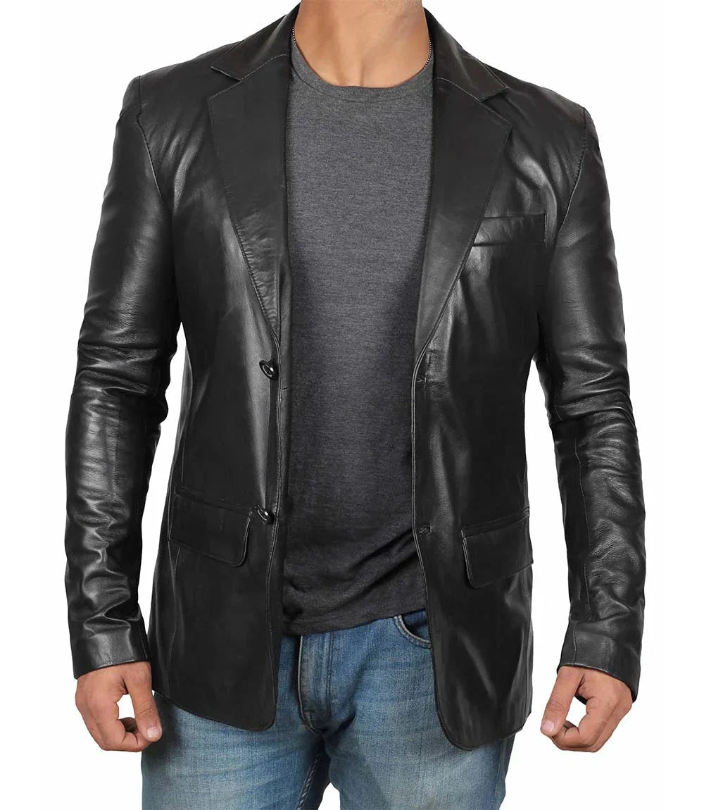 Mens Notch Lapel Two Button Black Leather Blazer - Vox Leather