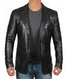 Mens Notch Lapel Two Button Black Leather Blazer - Vox Leather