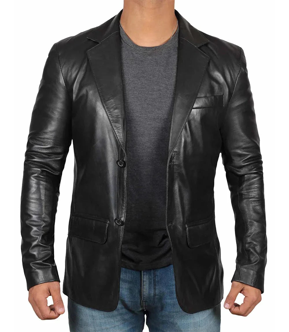 Mens Notch Lapel Two Button Black Leather Blazer - Vox Leather