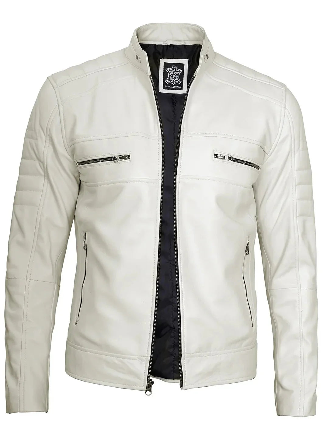 Mens Off White Cafe Racer Real Leather Jacket - Rare Leather