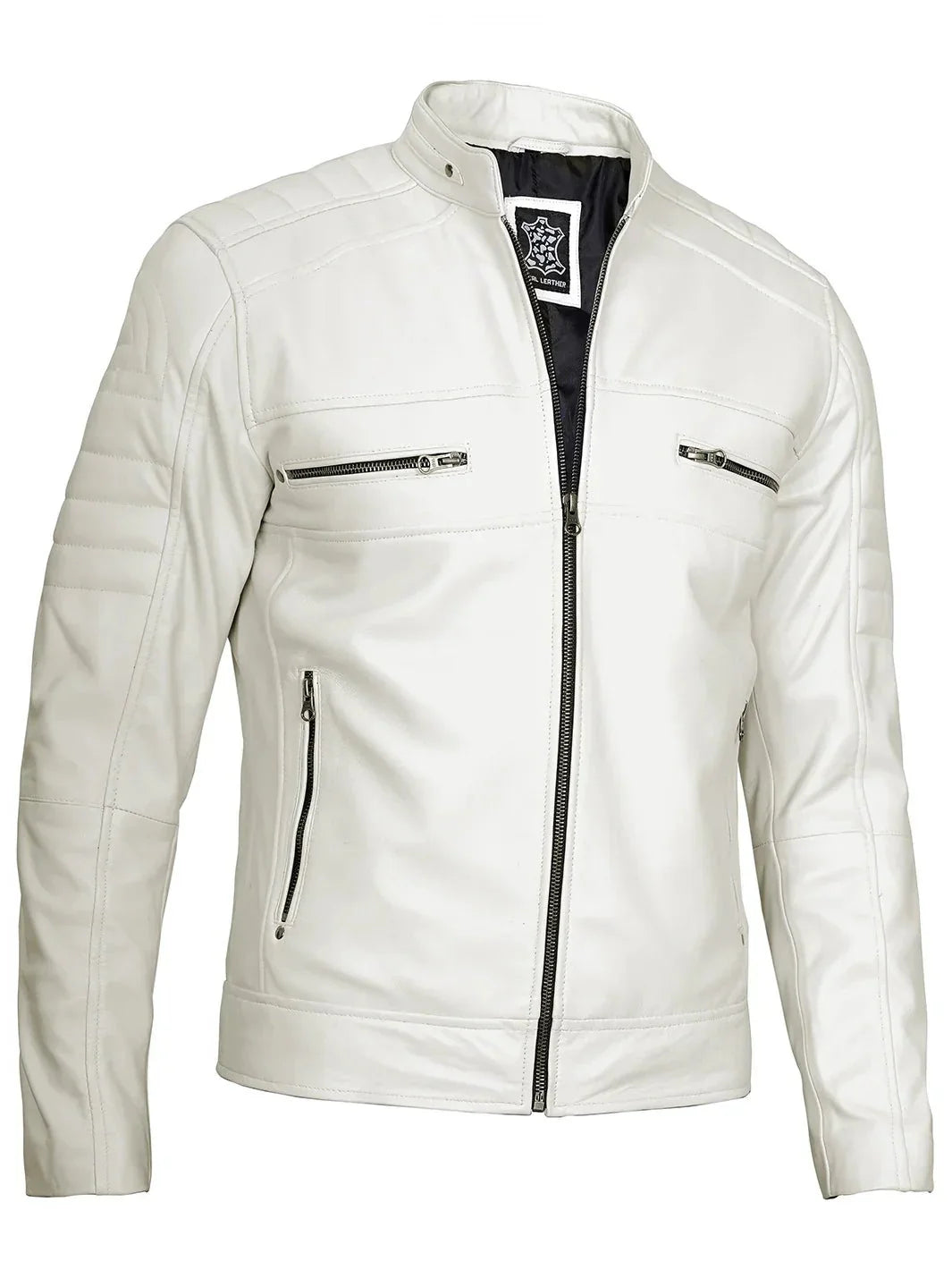 Mens Off White Cafe Racer Real Leather Jacket - Rare Leather