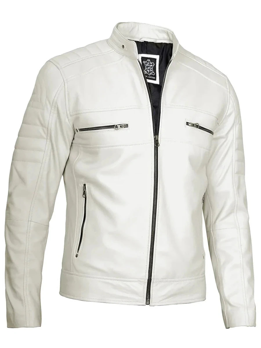 Mens Off White Cafe Racer Real Leather Jacket - Vox Leather