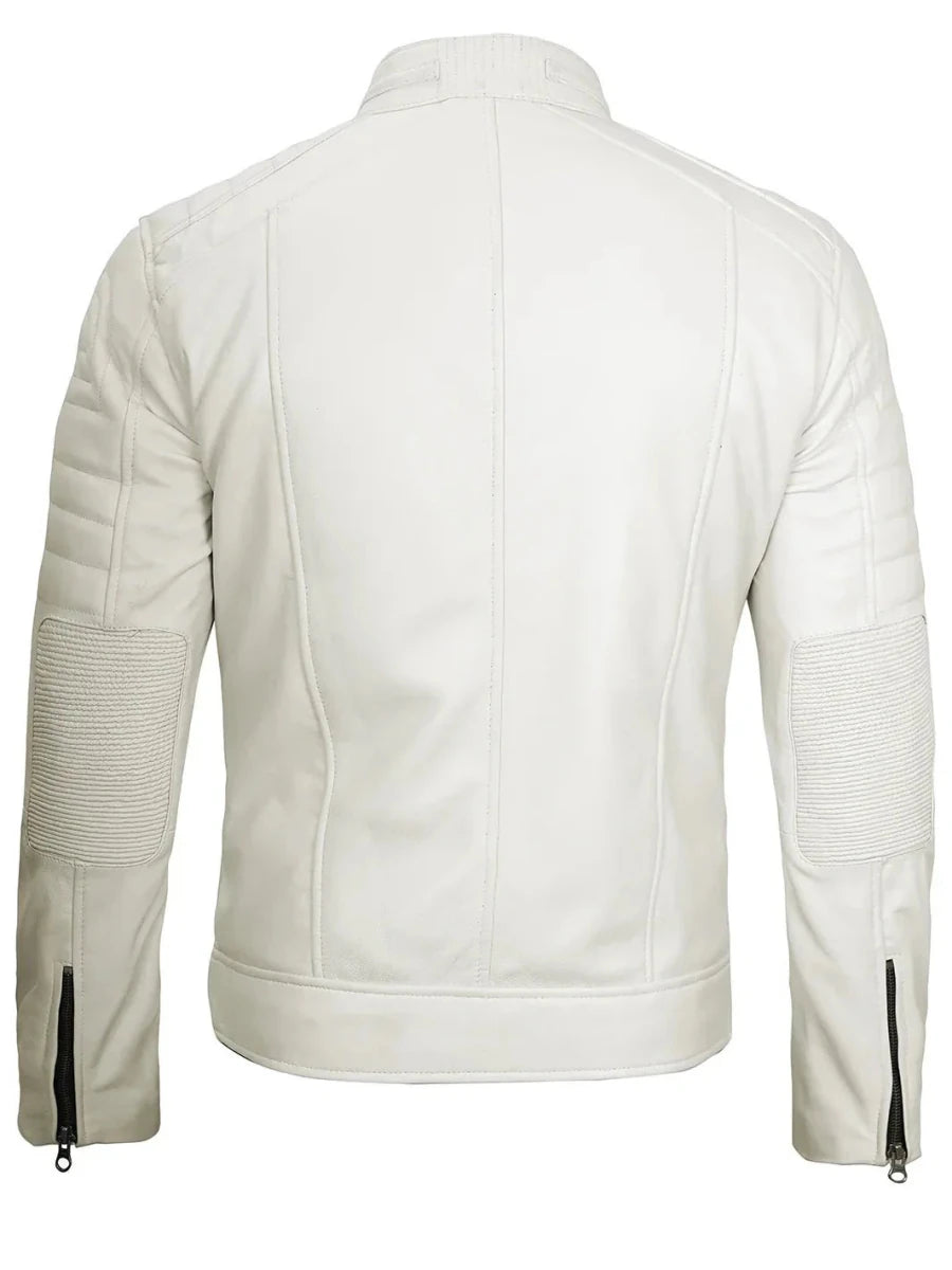Mens Off White Cafe Racer Real Leather Jacket - Vox Leather