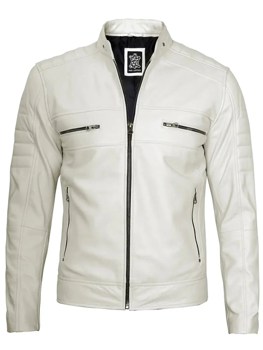Mens Off White Cafe Racer Real Leather Jacket - Vox Leather