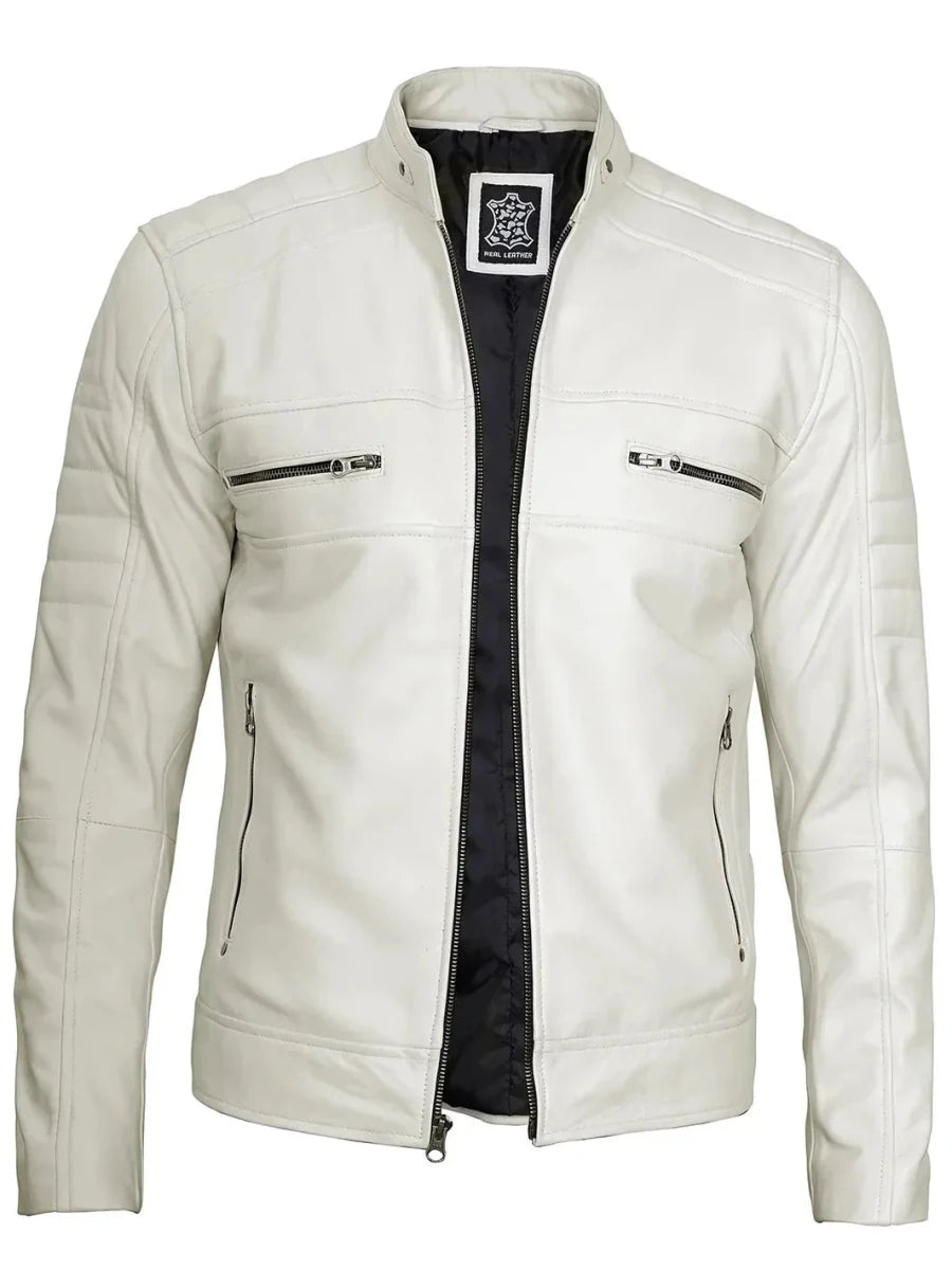 Mens Off White Cafe Racer Real Leather Jacket - Vox Leather