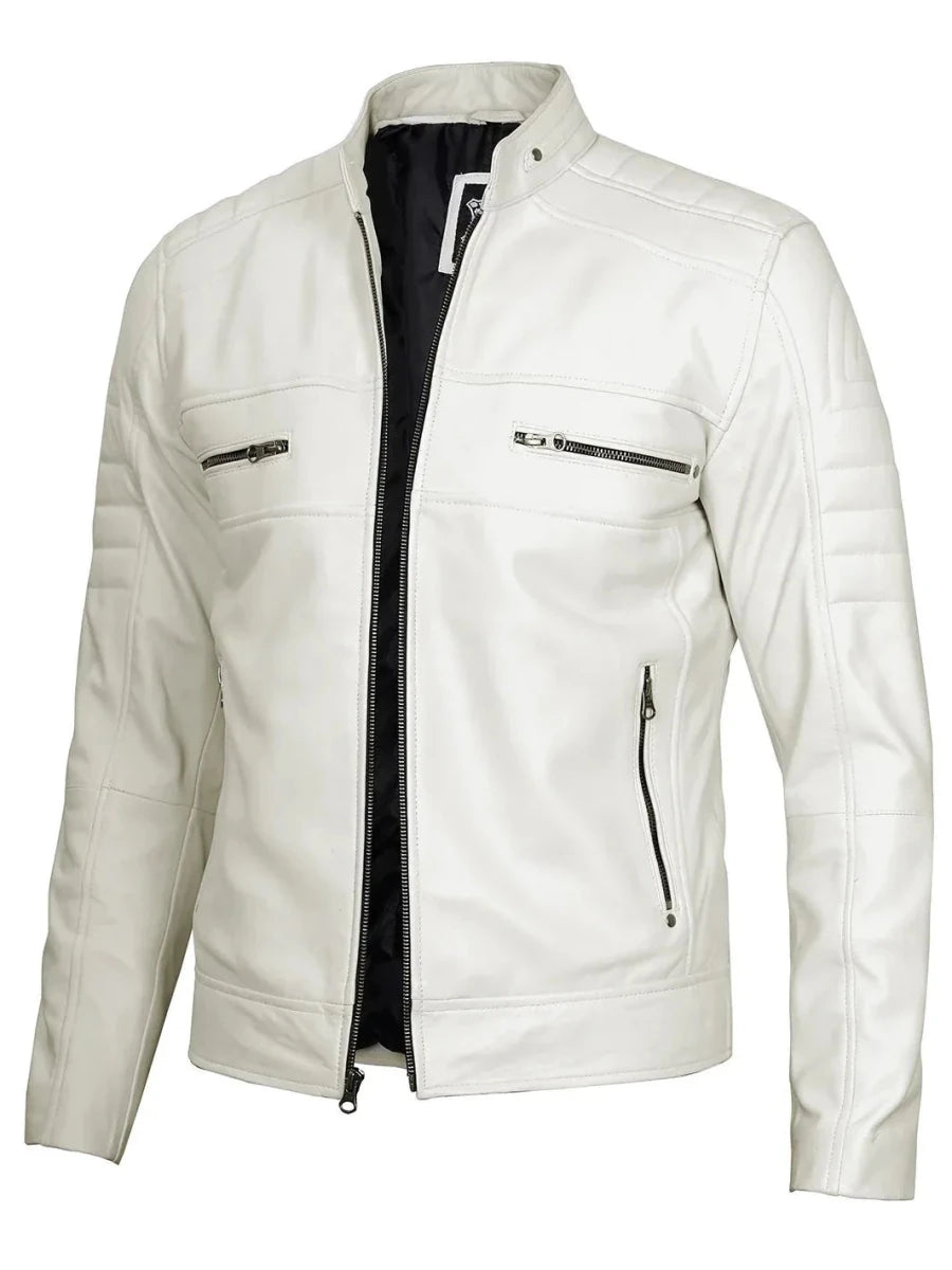 Mens Off White Cafe Racer Real Leather Jacket - Vox Leather