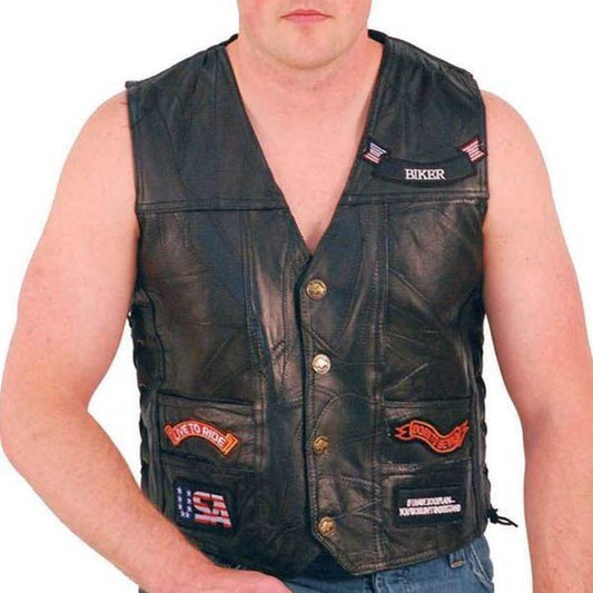 Mens Patched Motorcycle Leather Vest - Vox Leather