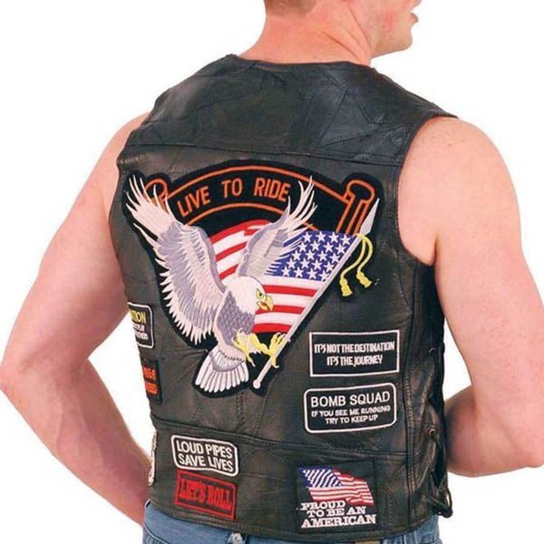 Mens Patched Motorcycle Leather Vest - Vox Leather