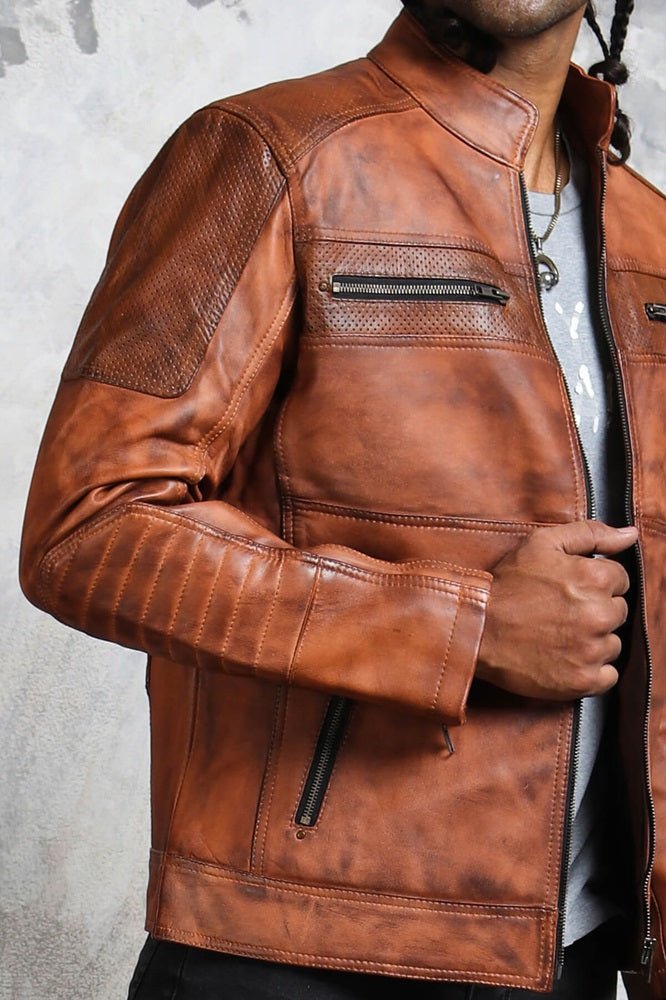 Men's Perforated Brown Leather Biker Jacket - Rare Leather