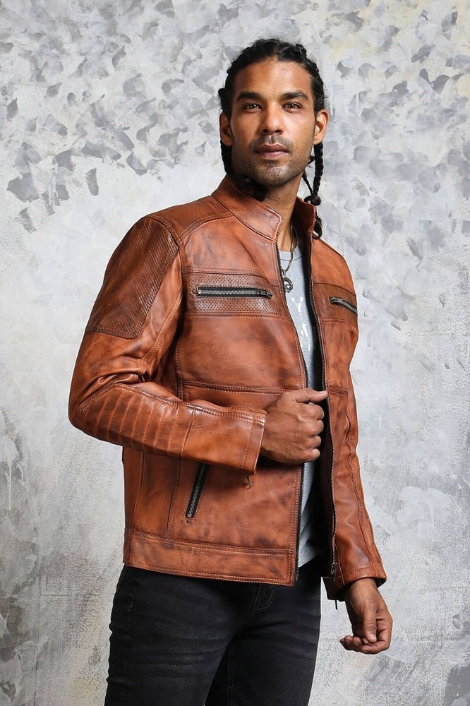 Men's Perforated Brown Leather Biker Jacket - Vox Leather