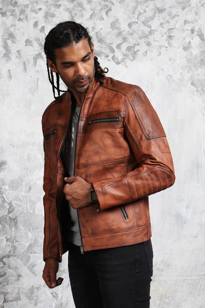 Men's Perforated Brown Leather Biker Jacket - Vox Leather