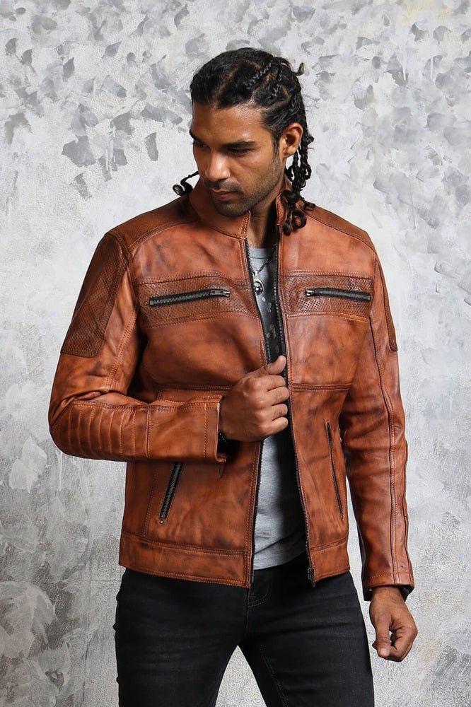 Men's Perforated Brown Leather Biker Jacket - Vox Leather