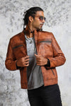 Men's Perforated Brown Leather Biker Jacket - Vox Leather