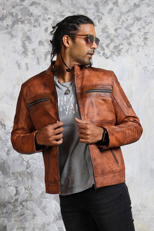 Men's Perforated Brown Leather Biker Jacket - Vox Leather