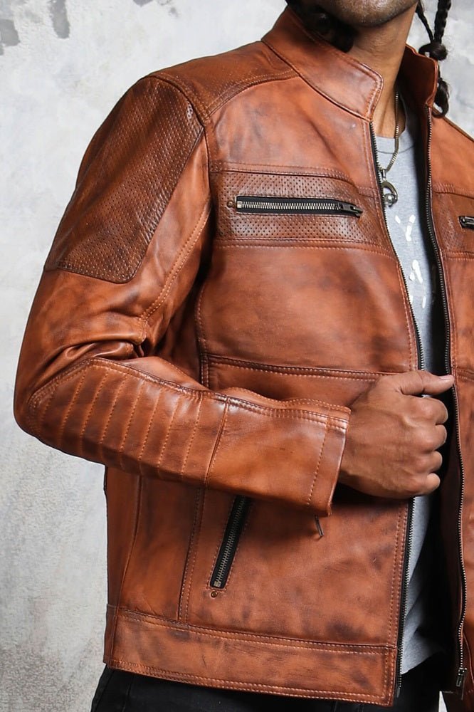 Men's Perforated Brown Leather Biker Jacket - Vox Leather