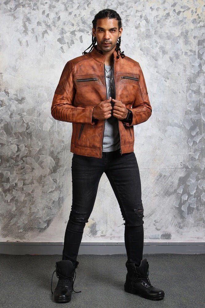 Men's Perforated Brown Leather Biker Jacket - Vox Leather