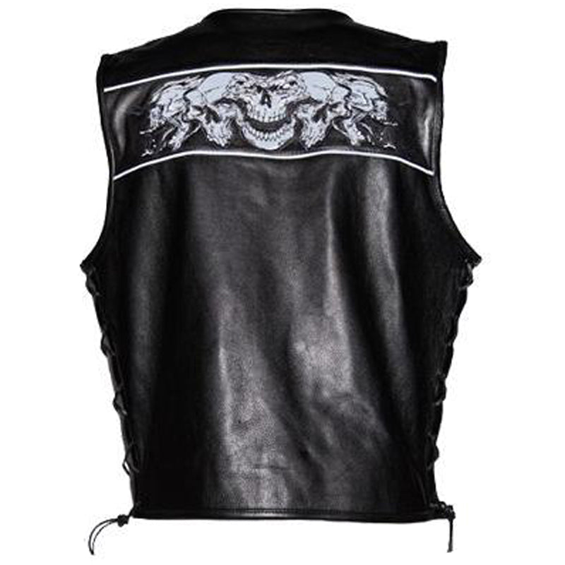 Mens Premium Leather Vest with Night Reflective Skulls - Vox Leather