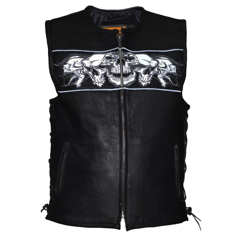 Mens Premium Leather Vest with Night Reflective Skulls - Vox Leather