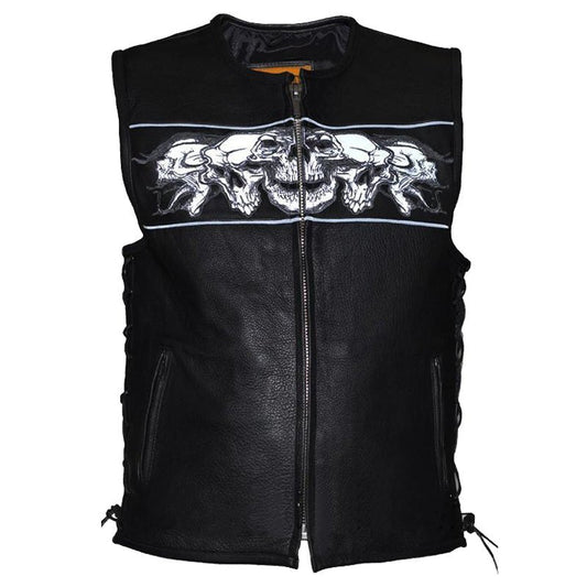 Mens Premium Leather Vest with Night Reflective Skulls - Vox Leather