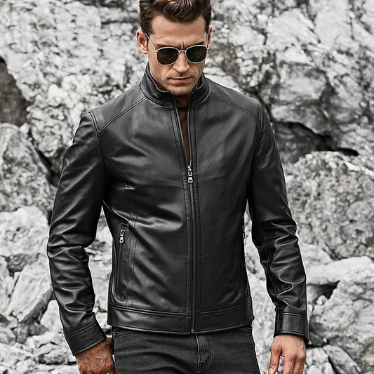 Men’s Real Black Leather Jacket with Short Standing Collar - Vox Leather