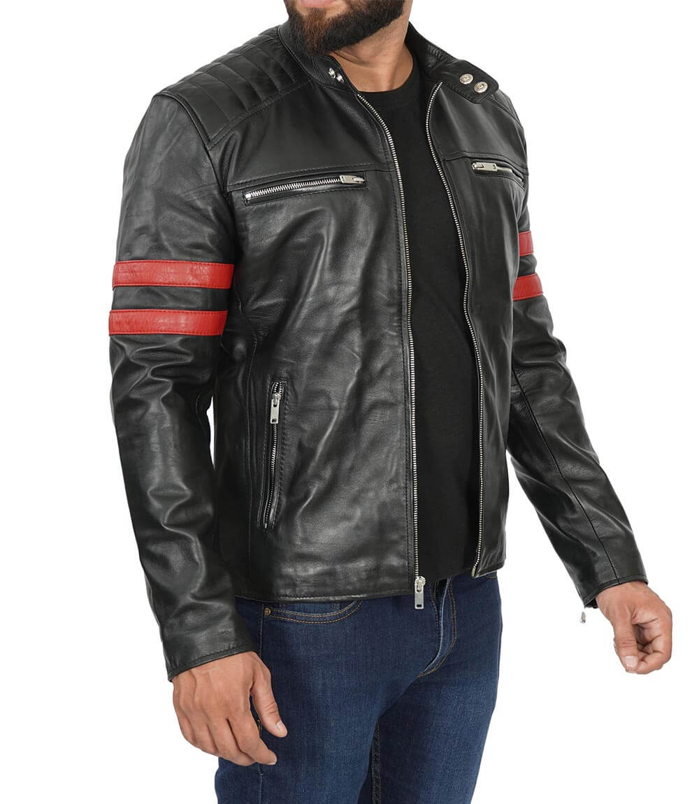 Men’s Red Stripe Cafe Racer Leather Jacket - Rare Leather