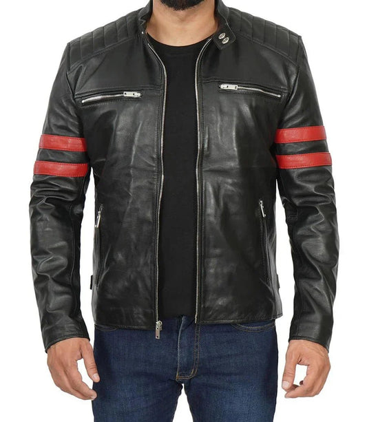 Men’s Red Stripe Cafe Racer Leather Jacket - Vox Leather