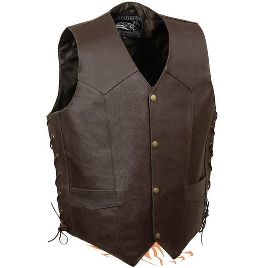 Men’s Ride To Live Embroidered Side Laces Retro Brown Vest - Vox Leather
