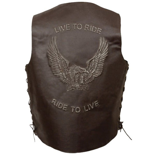 Men’s Ride To Live Embroidered Side Laces Retro Brown Vest - Vox Leather