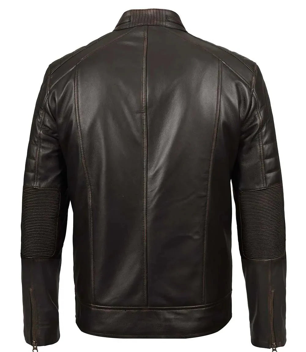 Men's Rub Off Dark Brown Cafe Racer Leather Jacket - Rare Leather