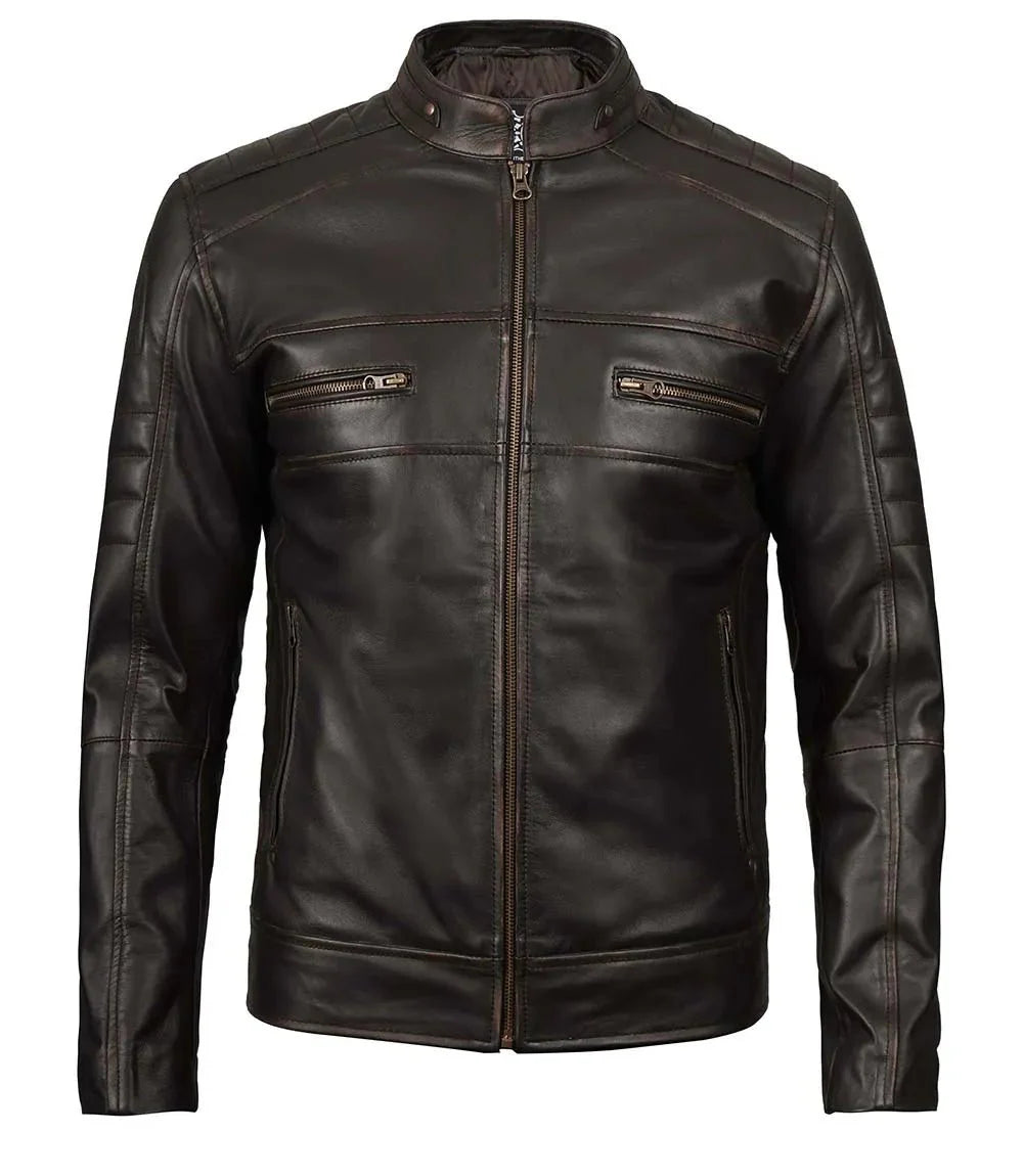 Men's Rub Off Dark Brown Cafe Racer Leather Jacket - Rare Leather