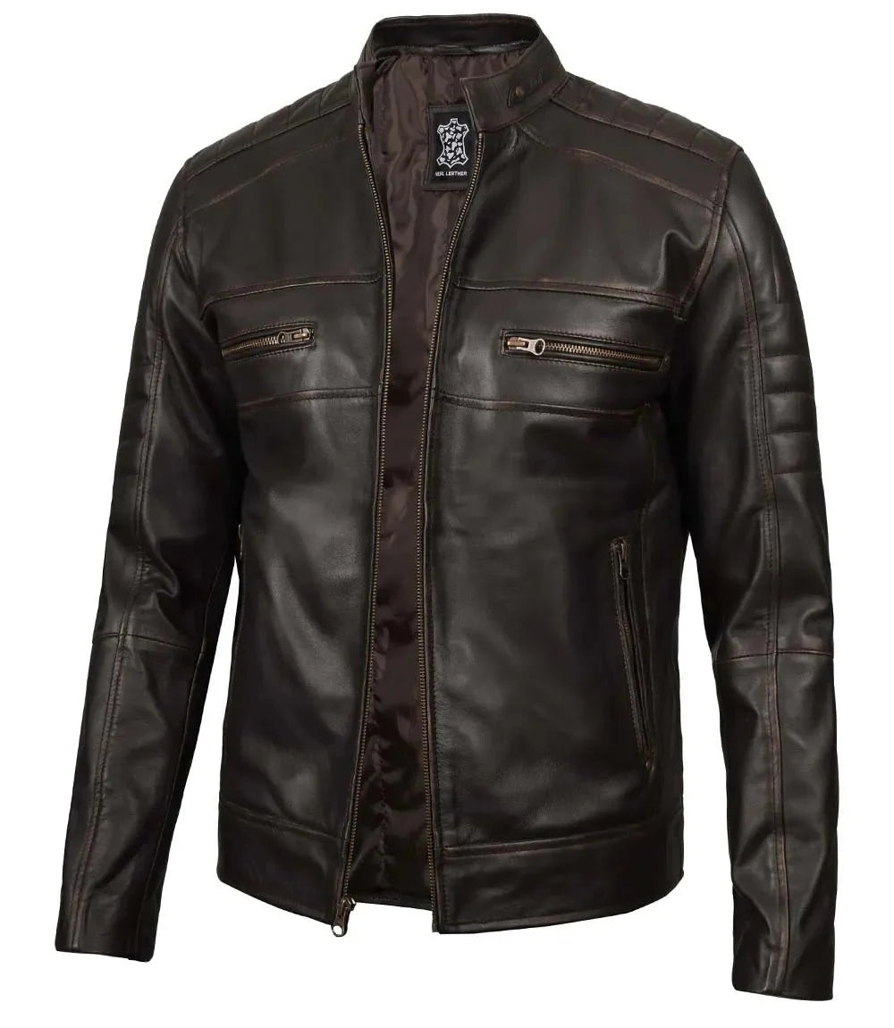Men's Rub Off Dark Brown Cafe Racer Leather Jacket - Rare Leather
