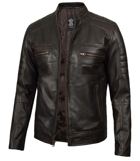 Men's Rub Off Dark Brown Cafe Racer Leather Jacket - Rare Leather