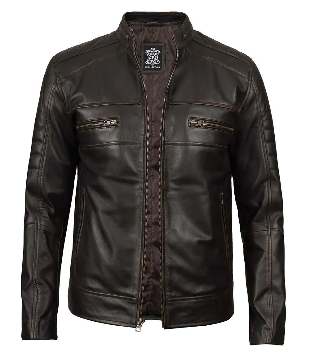 Men's Rub Off Dark Brown Cafe Racer Leather Jacket - Rare Leather