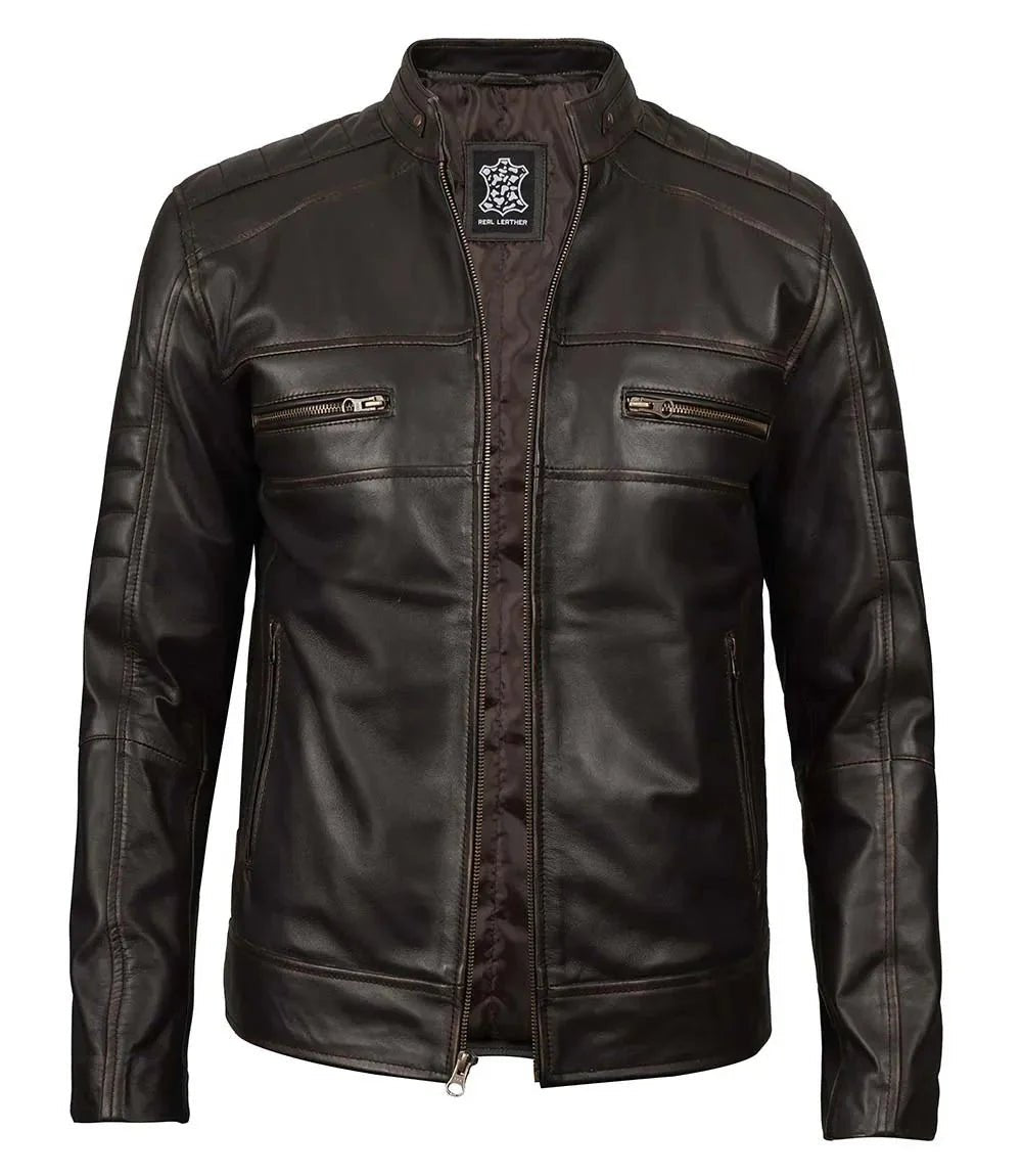 Men's Rub Off Dark Brown Cafe Racer Leather Jacket - Vox Leather