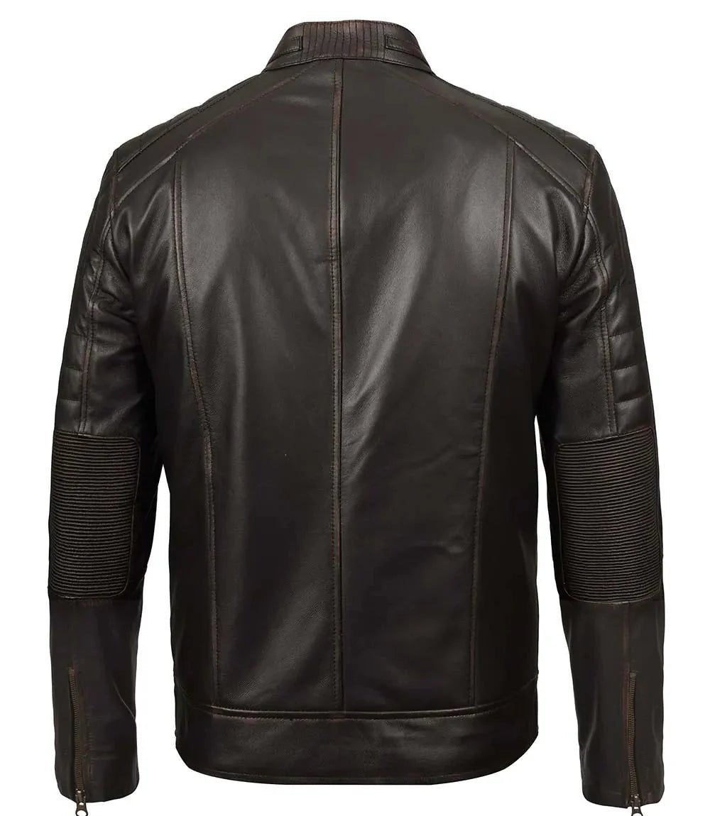Men's Rub Off Dark Brown Cafe Racer Leather Jacket - Vox Leather