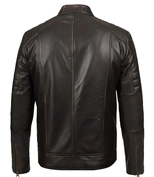 Men's Rub Off Dark Brown Cafe Racer Leather Jacket - Vox Leather