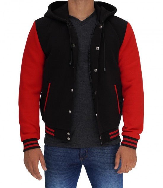 Men’s Salerno Red and Black Varsity Jacket with Hood - Vox Leather