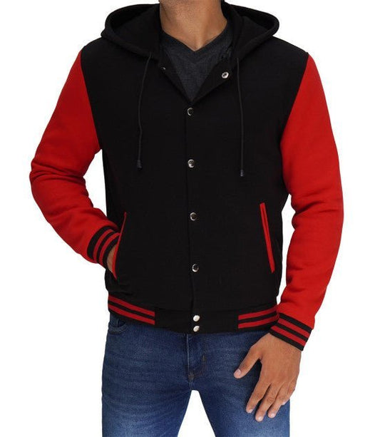 Men’s Salerno Red and Black Varsity Jacket with Hood - Vox Leather