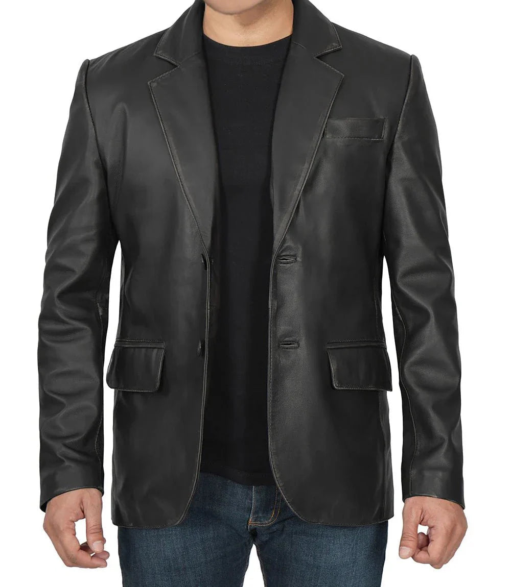 Men's Two Button Black Leather Blazer - Vox Leather