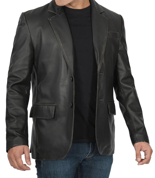Men's Two Button Black Leather Blazer - Vox Leather