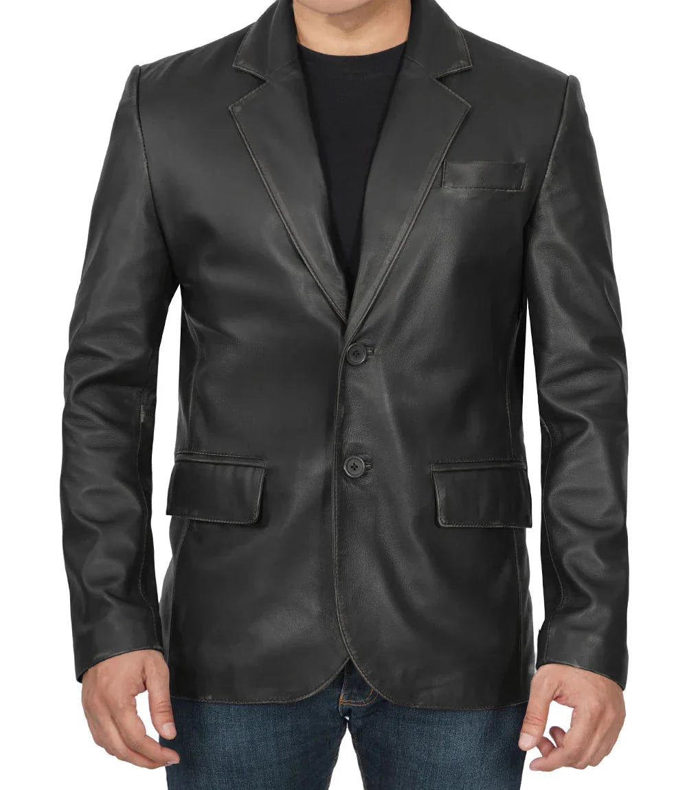 Men's Two Button Black Leather Blazer - Vox Leather